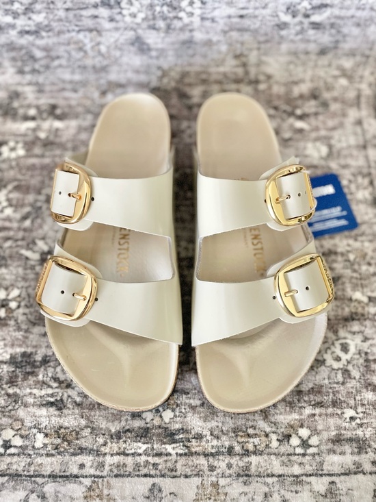 Birkenstock Shoes - Birkenstock Arizona Big Buckle High Shine Leather Ecru Cream 
Regular Width